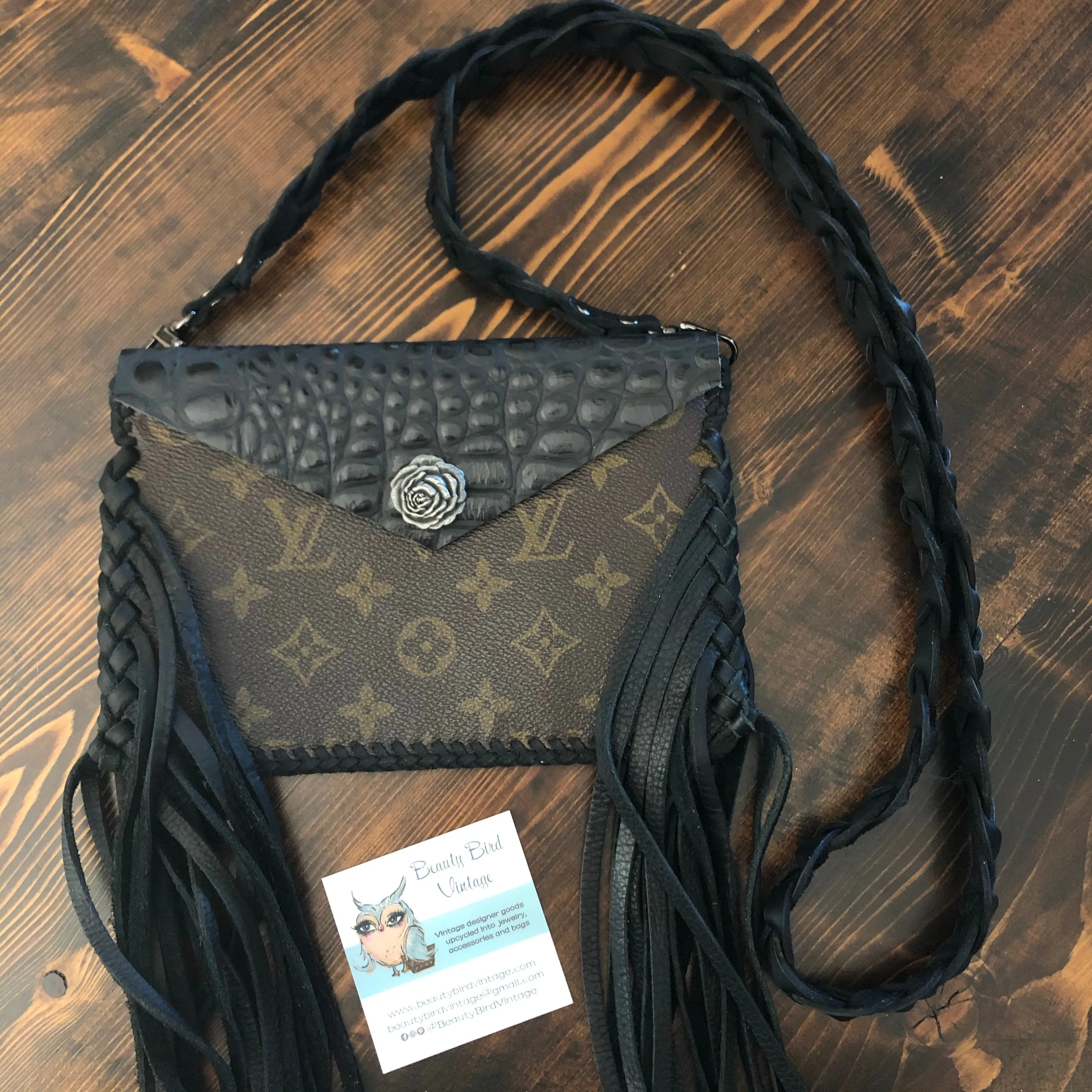The Fringed Wren - Black Vintage Wristlet/Crossbody/Clutch Bag in Monogram